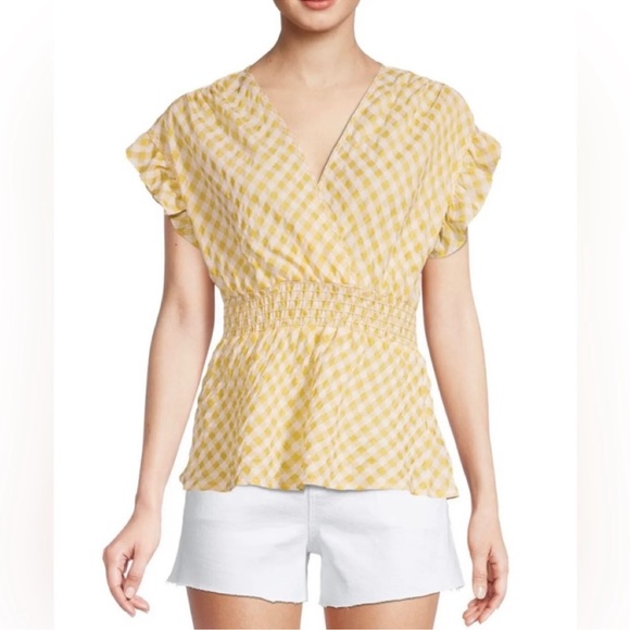NWT MAX STUDIO Yellow Gingham Short Sleeve Pullover Top size Med - Picture 3 of 14